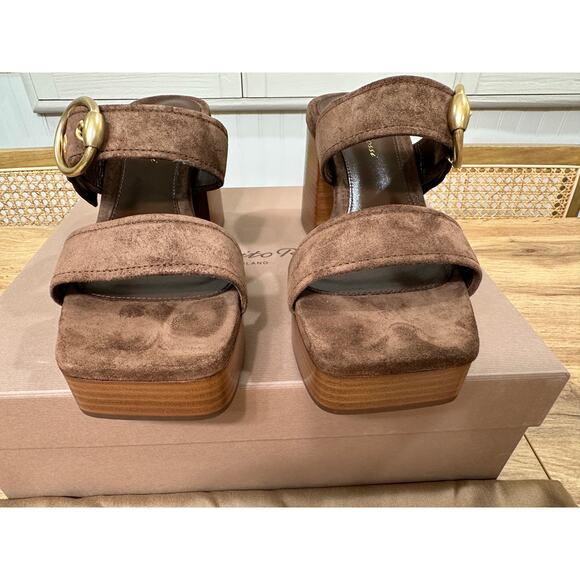 Gianvito Rossi Suede Buckle Dual-Band Platform Slide Sandals 7.5 US 37.5 EU NIB - Picture 7 of 14